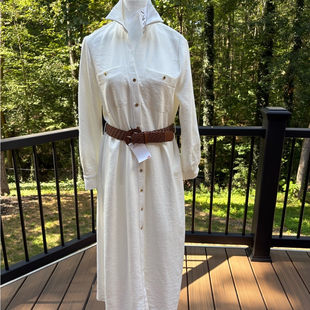 Zara Elegant White Shirt Dress with Brown Belt